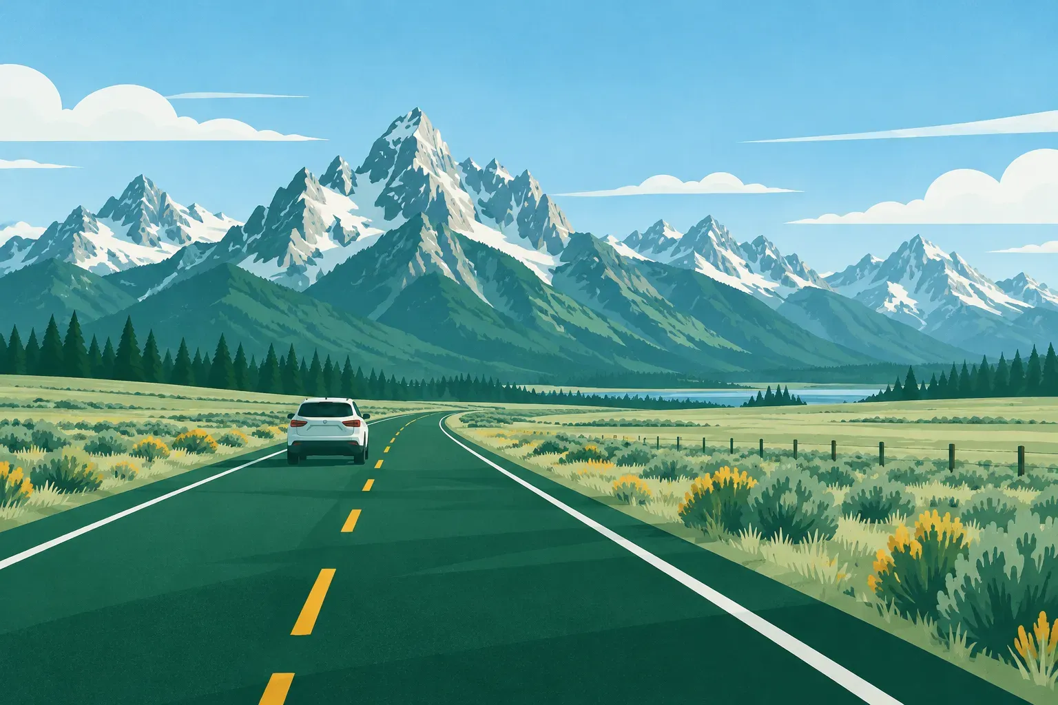 A highway toward jagged mountain peaks across open range, a typical landscape of Wyoming