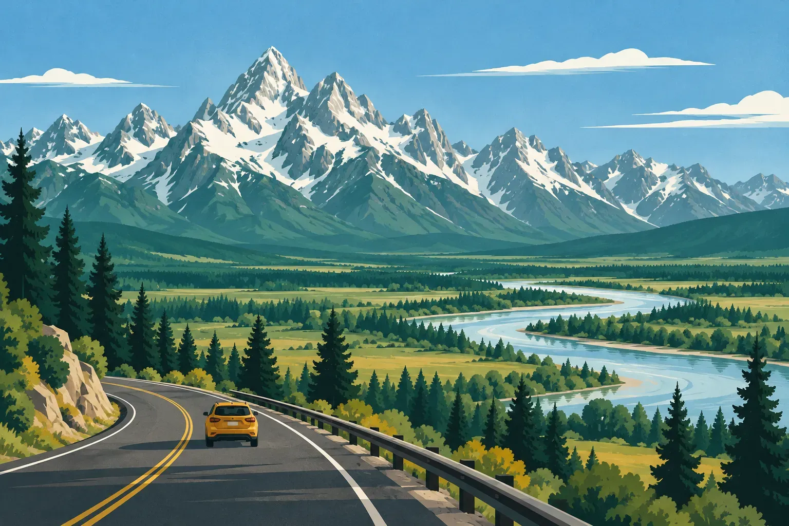 The Grand Teton peaks rising above a river valley, in Wyoming