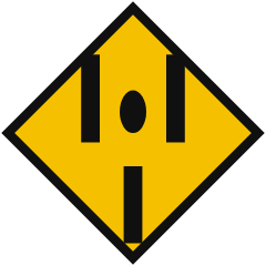 A yellow diamond showing two black lanes merging into one around a central island